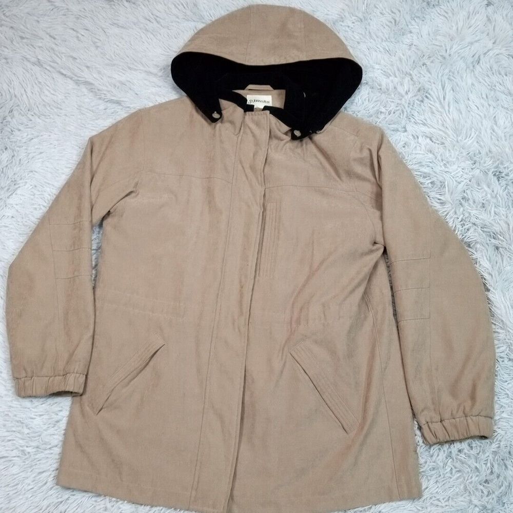 St. John's Bay Jacket Womens Biege L Faux Suede Hood Soft Cozy Warm Zip Up
